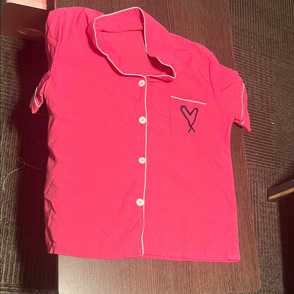 Pink Pajama Shirt with Heart Embroidery